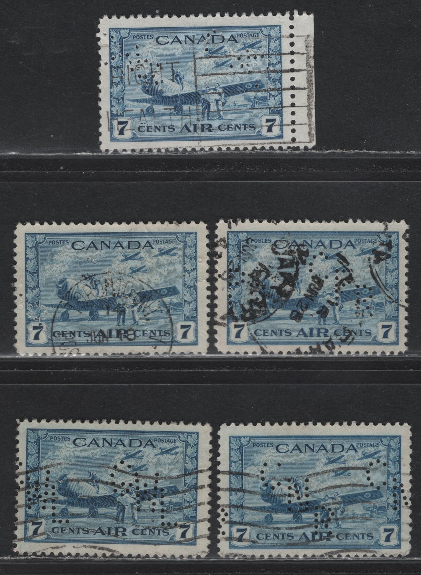 Lot 291 Canada #C8 7c Dull Blue - Grenish Blue Air Training Plan, 1942-1943 Airmail War Issue, 5 Fine/Very Fine Used Singles, Private Perfins, All Pos. 1, Unchecked As To Papers & Perfs.