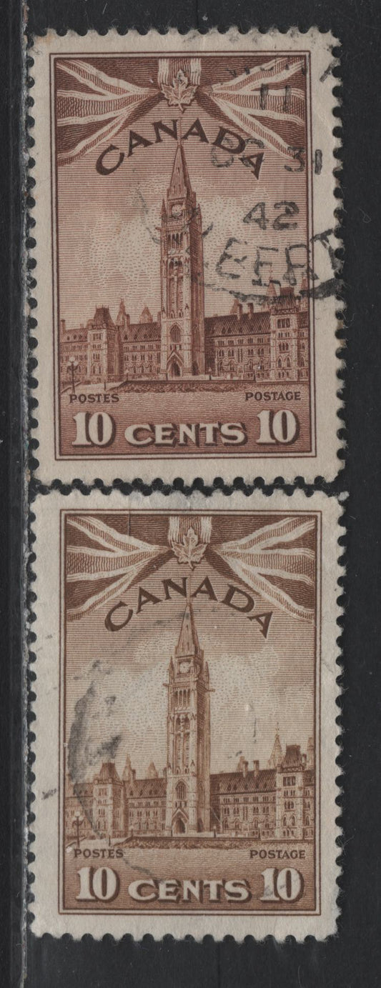Lot 292 Canada #257var 10c Yellow Brown , 1942-1943 KGVI War Issue, 2 Very Fine Used Singles, With Normal Reddish Chocolate Shade, This Must Be A Color Changeling, As I Have Yet To See A Mint Example On Translucent Paper, With No Visible Mesh.