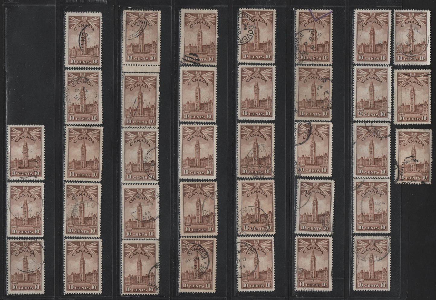 Lot 293 Canada #257 10c Brown Parliament Buildings, 1942-1943 KGVI War Issue, 36 Fine/Very Fine Used Singles, Lightly Cancelled Examples, Completely Unchecked As To Papers & Perfs