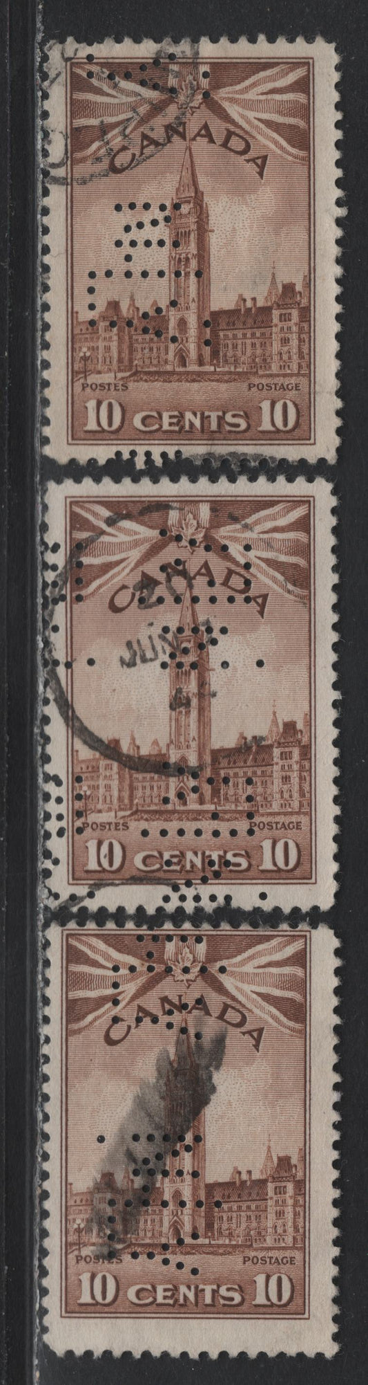 Lot 294 Canada #257 10c Brown Parliament Buildings, 1942-1943 KGVI War Issue, 5 Very Good/Fine/Very Fine Used Singles, New York Life Insurance Co Perfins From Various Offices & Positions, , .