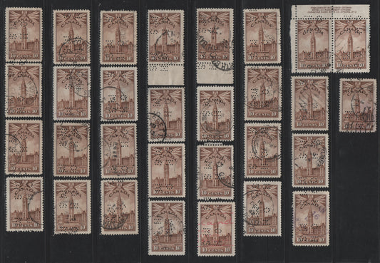 Lot 296 Canada #O9-257, O10-257 10c Brown Parliament Buildings, 1942-1943 KGVI War Issue, 30 Fine/Very Fine Used Singles, 4-Hole OHMS Perfins From Pos. 2, Unchecked As To Die Type, Paper & Perfs