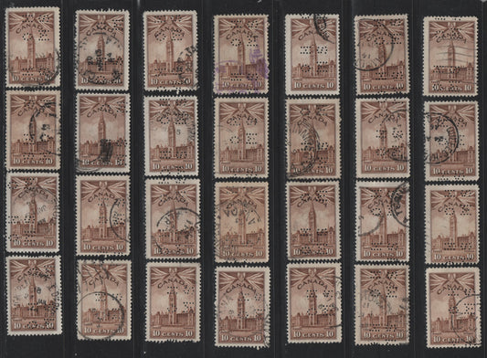 Lot 297 Canada #O9-257, O10-257 10c Brown Parliament Buildings, 1942-1943 KGVI War Issue, 49 Fine Used Singles, 4-Hole OHMS Perfins From Pos. 4, Unchecked As To Die Type, Paper & Perfs