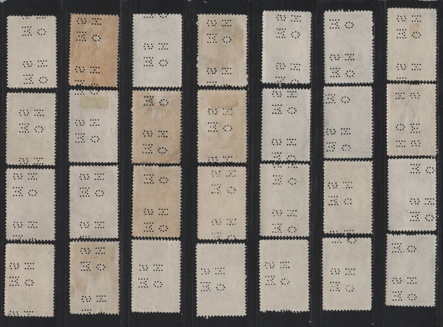 Lot 297 Canada #O9-257, O10-257 10c Brown Parliament Buildings, 1942-1943 KGVI War Issue, 49 Fine Used Singles, 4-Hole OHMS Perfins From Pos. 4, Unchecked As To Die Type, Paper & Perfs