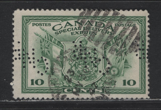 Lot 298 Canada #E10 10c Green Arms & Flags, 1942 War Issue Special Delivery, A Fine Used Single, Montreal CNR Perfin From Pos. 3, Unchecked As To Paper Type & Perf