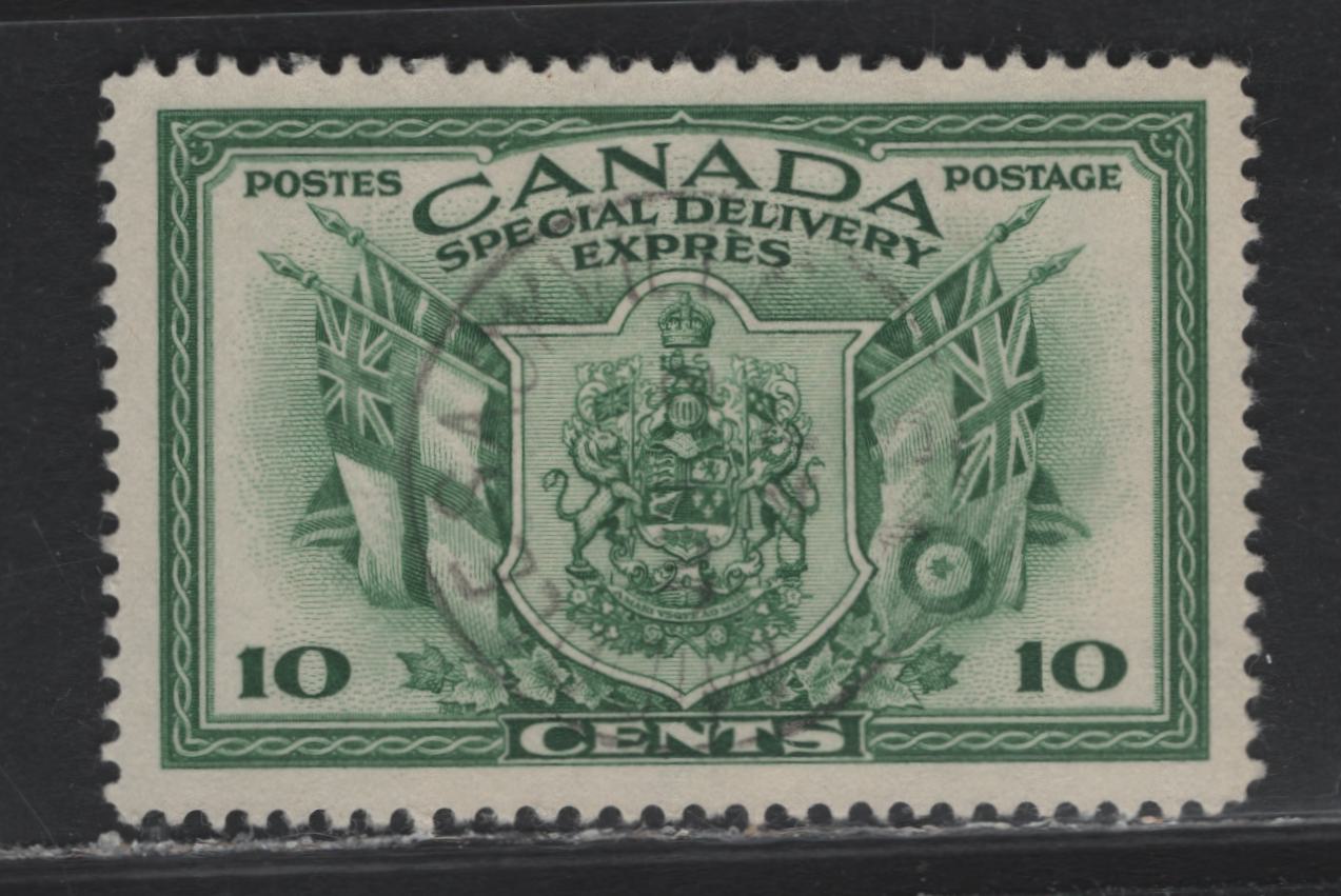 Lot 299 Canada (C) #E10 10c Green Arms & Flags, 1942 War Issue Special Delivery, A Very Fine Used Single, Translucent Paper With No Visible Mesh Perf 11.9x12 With Lightest Strike Of June 2 1941 Middle Sackville NS CDS Cancel.
