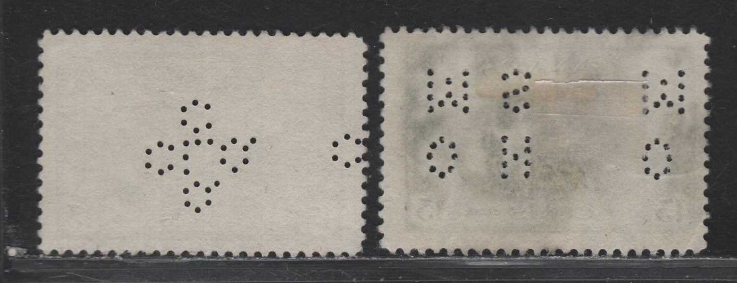 Lot 302 Canada #258 13c Myrtle Green Ram Tank, 1942-1943 KGVI War Issue, 2 Fine Used Singles, 4-Hole OHMS Perfin, Original Die From Pos. 3, Quebec Liquor Commission Perfin From Pos. 1.