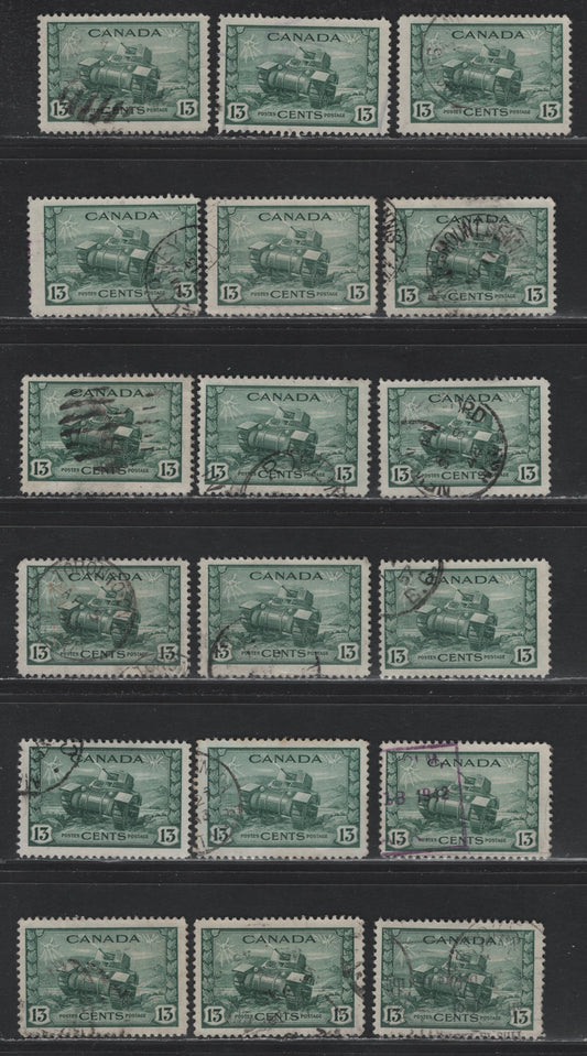 Lot 303 Canada #258 13c Myrtle Green Ram Tank, 1942-1943 KGVI War Issue, 18 Fine Used Singles, Unchecked As To Paper Type & Perfs
