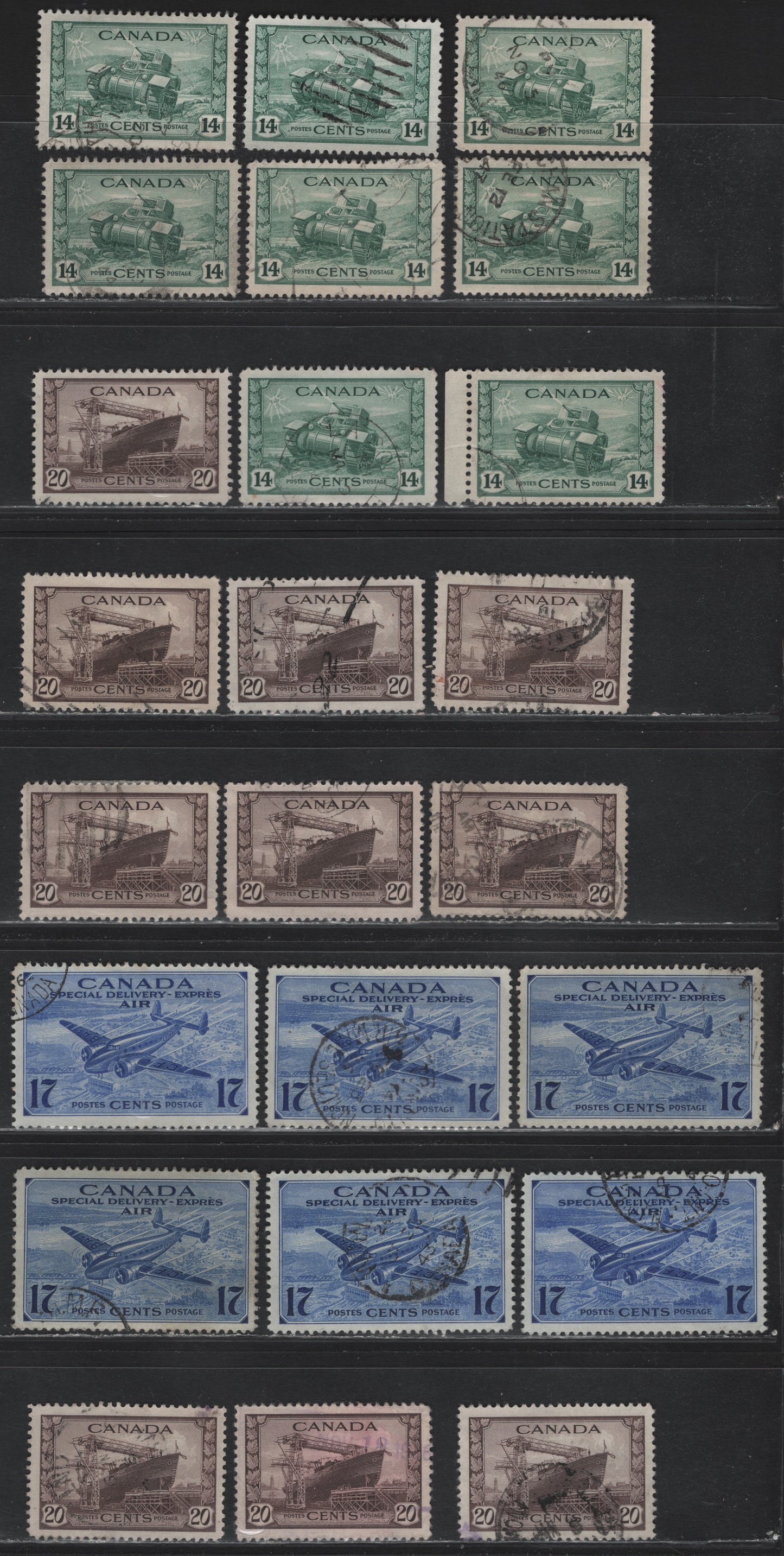 Lot 306 Canada #259-260, CE2 14c - 17c Myrtle Green - Bright Ultramarine Ram Tank - Trans-Canada Airplane, 1942-1943 War & Airmail Special Delivery Issues, 24 Very Fine Used Singles, Unchecked With Respect To Paper Types & Perfs, Ideal For Study