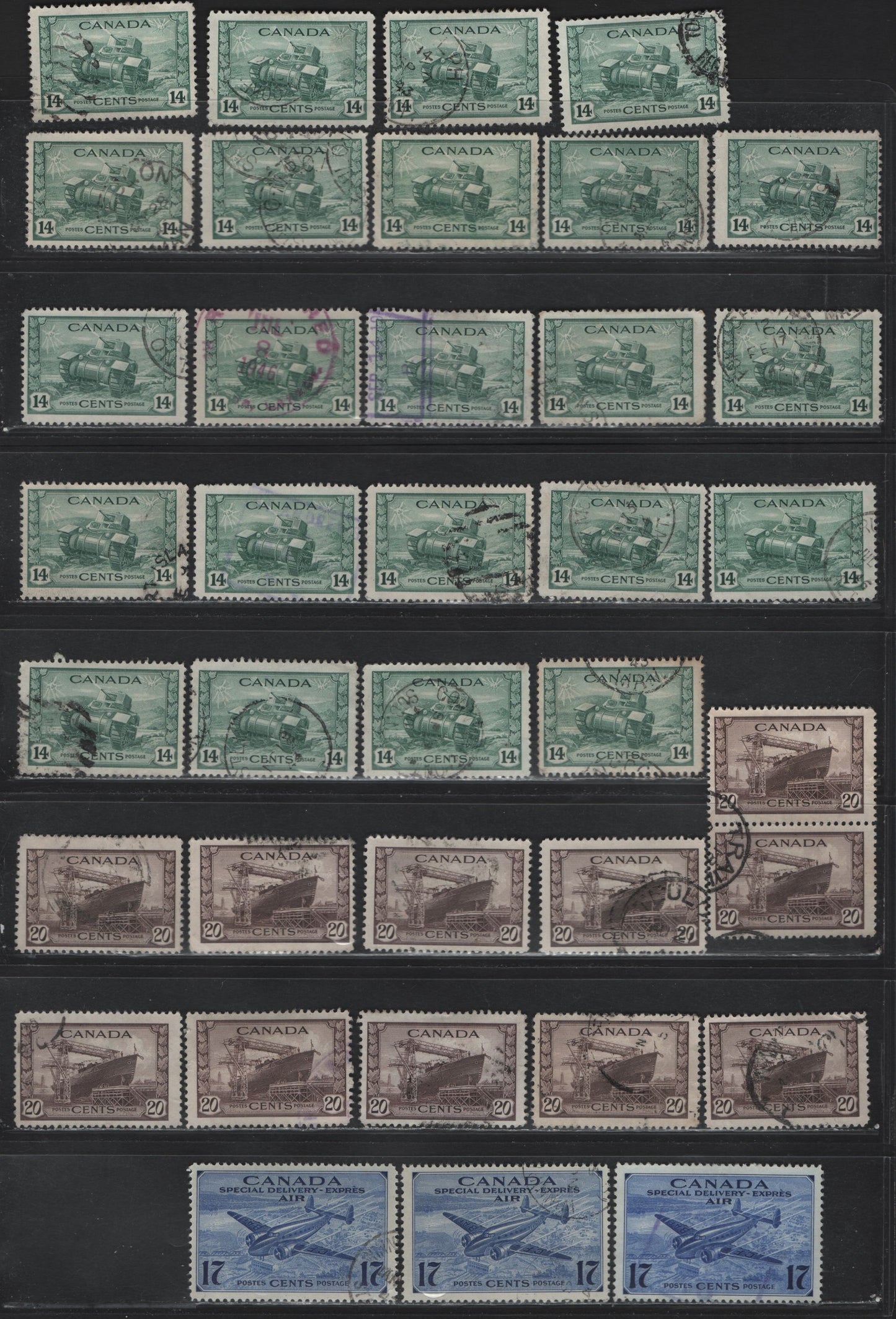 Lot 307 Canada #259-260, CE2 14c - 17c Myrtle Green - Bright Ultramarine Ram Tank - Trans-Canada Airplane, 1942-1943 War & Airmail Special Delivery Issues, 37 Fine Used Singles, Unchecked As To Paper Types & Perfs