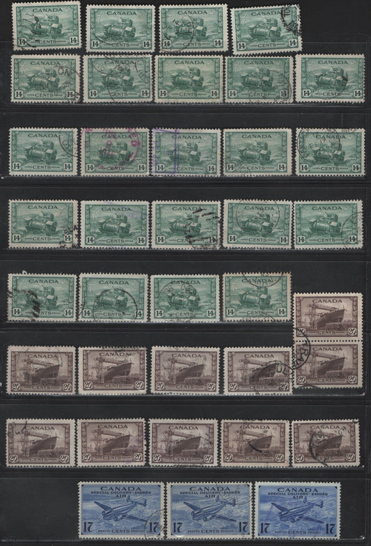 Lot 307 Canada #259-260, CE2 14c - 17c Myrtle Green - Bright Ultramarine Ram Tank - Trans-Canada Airplane, 1942-1943 War & Airmail Special Delivery Issues, 37 Fine Used Singles, Unchecked As To Paper Types & Perfs