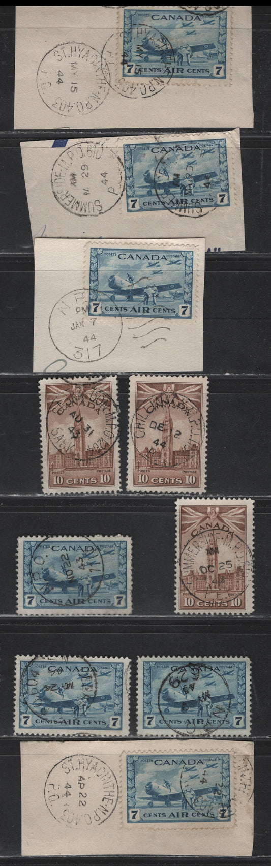 Lot 309 Canada #257, C8 10c - 7c Brown - Dull Blue Parliament Buildings - Air Training Plan, 1942-1943 KGVI War Definitive & Airmail Issues, 10 Fine/Very Fine Used Singles, NPO & Military Base Cancels