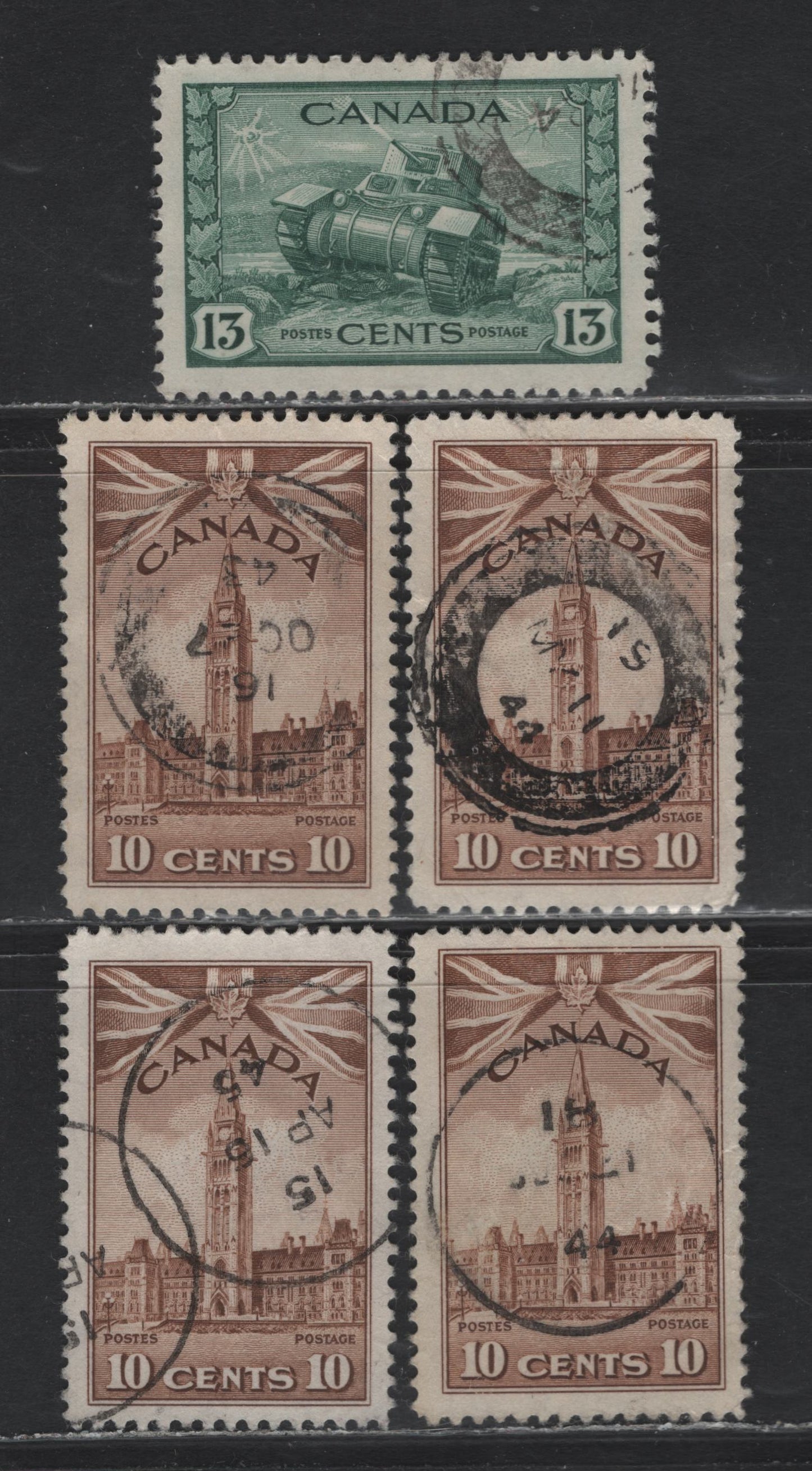 Lot 310 Canada #257-258 10c - 13c Brown - Myrtle Green Parliament Building - Ram Tank, 1942-1943 KGVI War Issue, 5 Very Fine Used Singles, Blackout & White Out Cancels