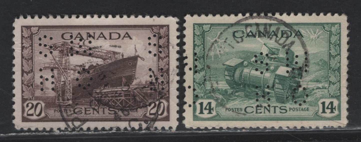 Lot 311 Canada #O10-259, O10-260 14c - 20c Myrtle Green - Chocolate Ram Tank - Corvette, 1942-1943 KGVI War Issue, 2 Very Fine Used Singles, 4-Hole OHMS Perfin, Revised Die From Pos. 3
