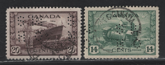 Lot 311 Canada #O10-259, O10-260 14c - 20c Myrtle Green - Chocolate Ram Tank - Corvette, 1942-1943 KGVI War Issue, 2 Very Fine Used Singles, 4-Hole OHMS Perfin, Revised Die From Pos. 3
