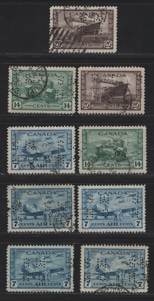 Lot 313 Canada #O9-259, O9-260, O9-C8 14c - 7c Myrtle Green - Dull Blue Ram Tank - Air Training Plan, 1942-1943 War - Airmail Issues, 9 Very Fine Used Singles, 4-Hole OHMS Perfins, Original Die From Pos. 3, Unchecked As To Paper Types & Perfs.