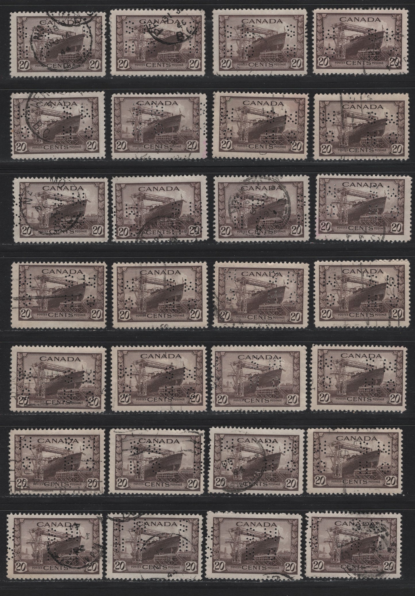 Lot 314 Canada #O9-259, O9-260, O9-C8 14c - 7c Myrtle Green - Dull Blue Ram Tank - Air Training Plan, 1942-1943 War - Airmail Issues, 40 Fine Used Singles, 4-Hole OHMS Perfins, Original Die Pos. 3, Unchecked As To Paper Types & Perfs.
