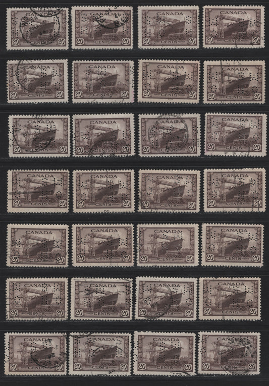 Lot 314 Canada #O9-259, O9-260, O9-C8 14c - 7c Myrtle Green - Dull Blue Ram Tank - Air Training Plan, 1942-1943 War - Airmail Issues, 40 Fine Used Singles, 4-Hole OHMS Perfins, Original Die Pos. 3, Unchecked As To Paper Types & Perfs.