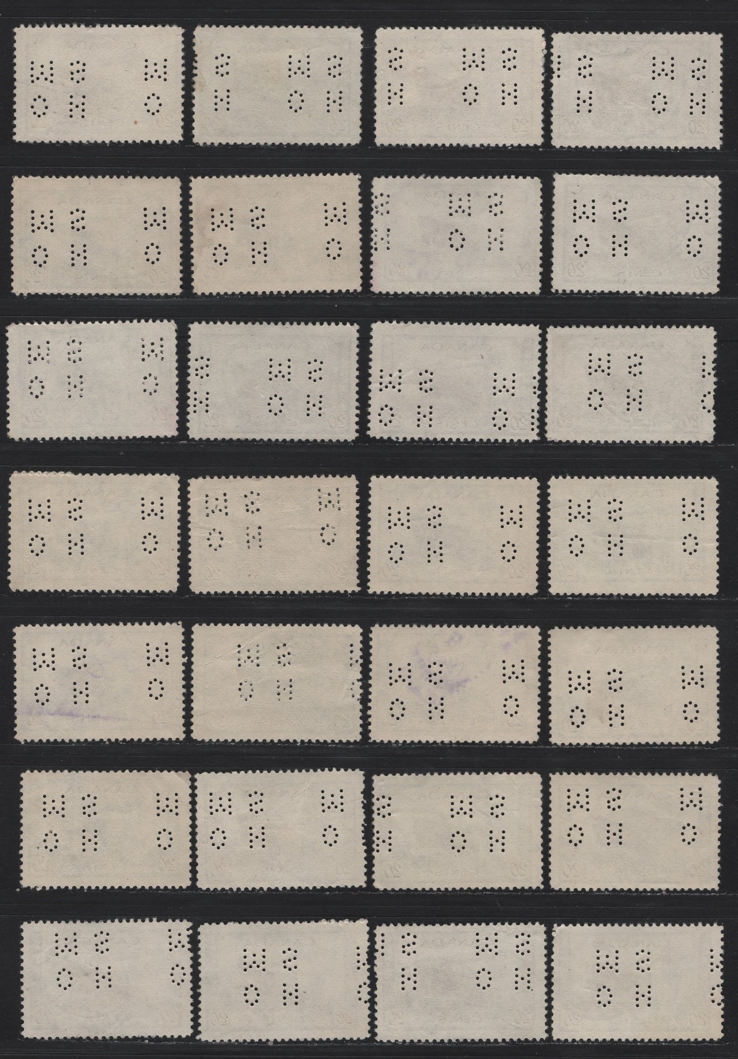 Lot 314 Canada #O9-259, O9-260, O9-C8 14c - 7c Myrtle Green - Dull Blue Ram Tank - Air Training Plan, 1942-1943 War - Airmail Issues, 40 Fine Used Singles, 4-Hole OHMS Perfins, Original Die Pos. 3, Unchecked As To Paper Types & Perfs.