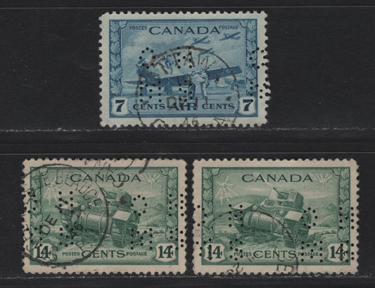 Lot 315 Canada #O9-259, O9-C8 14c - 7c Myrtle Green - Dull Blue Ram Tank - Air Training Plan, 1942-1943 War - Airmail Issues, 3 Very Fine Used Singles, 4-Hole OHMS Perfins, Revised Die, Pos. 1, Unchecked As To Paper Types & Perfs.