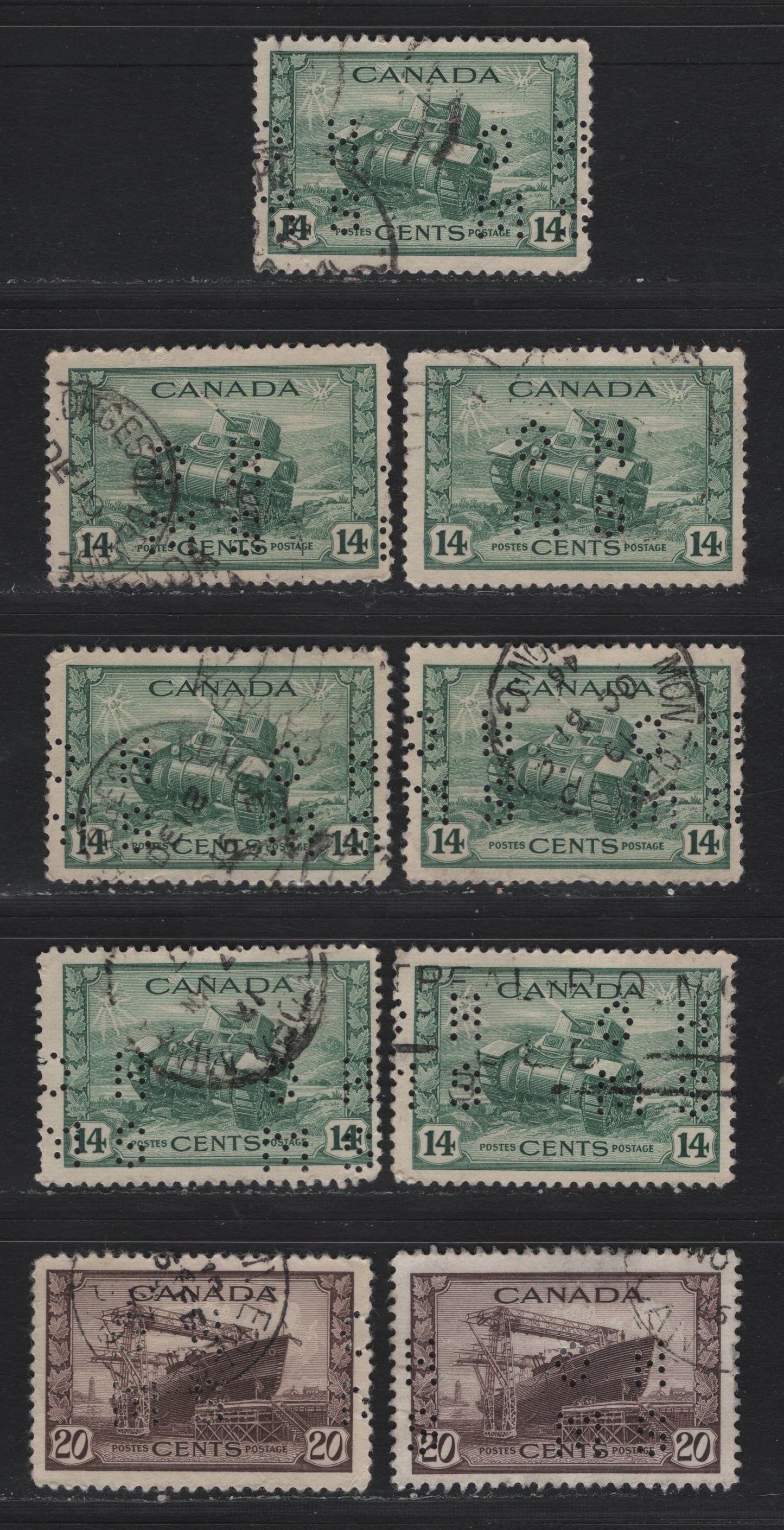 Lot 316 Canada #O10-259, O10-260 14c - 20c Myrtle Green - Chocolate Ram Tank - Corvette, 1942-1943 KGVI War Issue, 9 Fine Used Singles, 4-Hole OHMS Perfin, Revised Die, Pos. 1, Unchecked As To Paper Types & Perfs.
