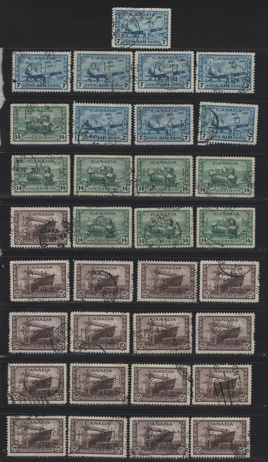 Lot 317 Canada #O9-259, O9-260, O9-C8 14c - 7c Myrtle Green - Dull Blue Ram Tank - Air Training Plan, 1942-1943 War - Airmail Issues, 33 Very Fine Used Singles, 4-Hole OHMS Perfin, Original Die, Pos. 1, Unchecked As To Paper Types & Perfs.