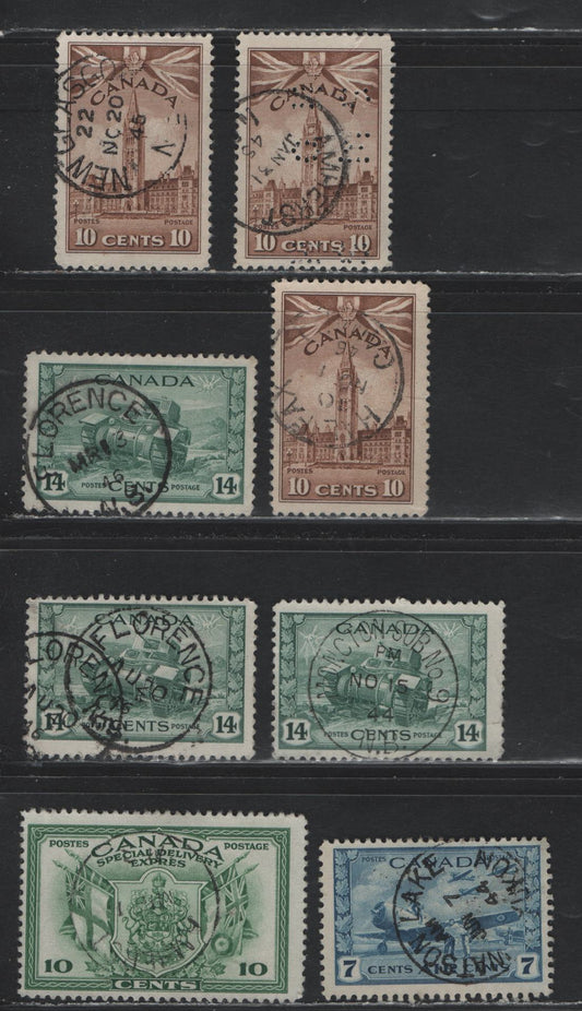 Lot 318 Canada #257, 259, C8, E10 10c - 10c Brown - Green Parliament Buildings - Arms & Flags, 1942-1943 War - Special Delivery Issues, 8 Fine/Very Fine Used Singles, New Brunswick, Nova Scotia & Yukon Cancels