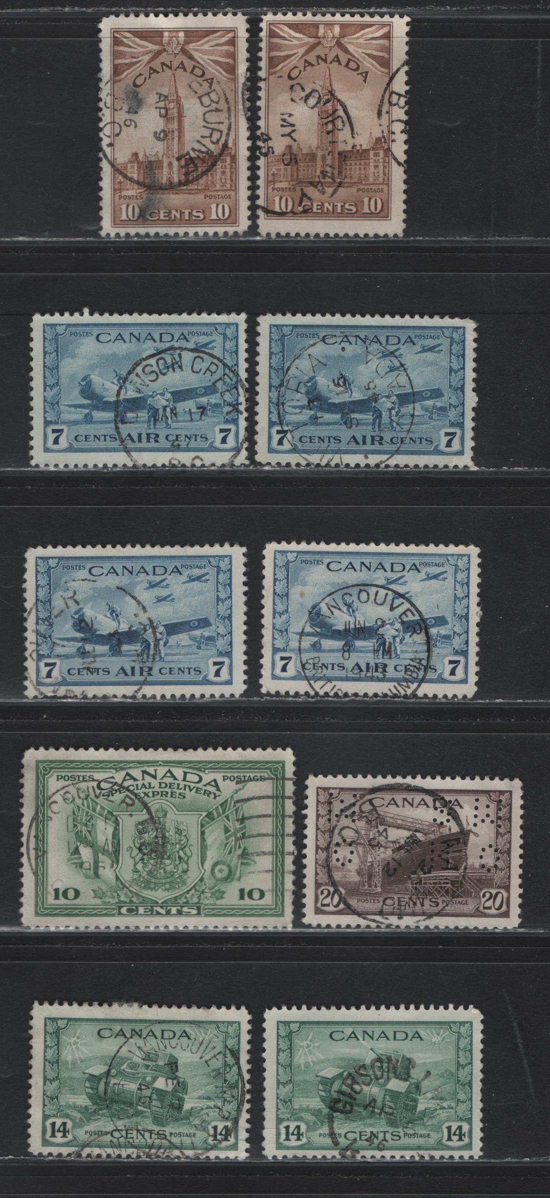 Lot 319 Canada #257, 259, C8, E10, O9-260 10c - 20c Brown - Chocolate Parliament Buildings - Corvette, 1942-1943 War - Special Delivery Issues, 10 Fine/Very Fine Used Singles, Various BC Town Cancels