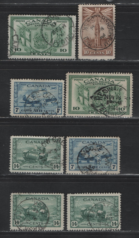 Lot 320 Canada #257, 259, C8, E10 10c - 10c Brown - Green Parliament Buildings - Arms & Flags, 1942-1943 War - Special Delivery Issues, 8 Fine/Very Fine Used Singles, Saskatchewan Cancels