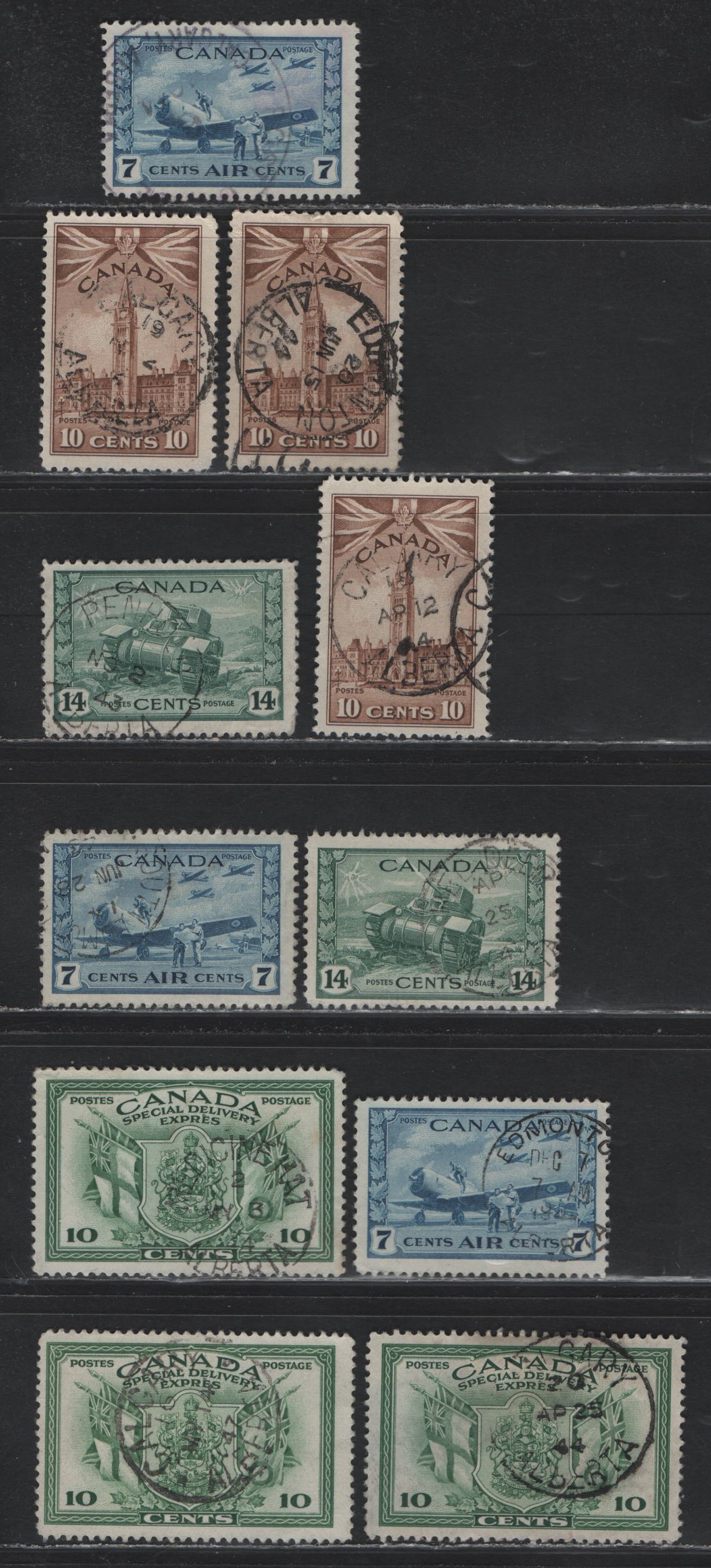Lot 321 Canada #257-258, C8, E10 10c - 10c Brown - Green Parliament Buildings - Arms & Flags, 1942-1943 War - Special Delivery Issues, 11 Fine/Very Fine Used Singles, Alberta Town Cancels
