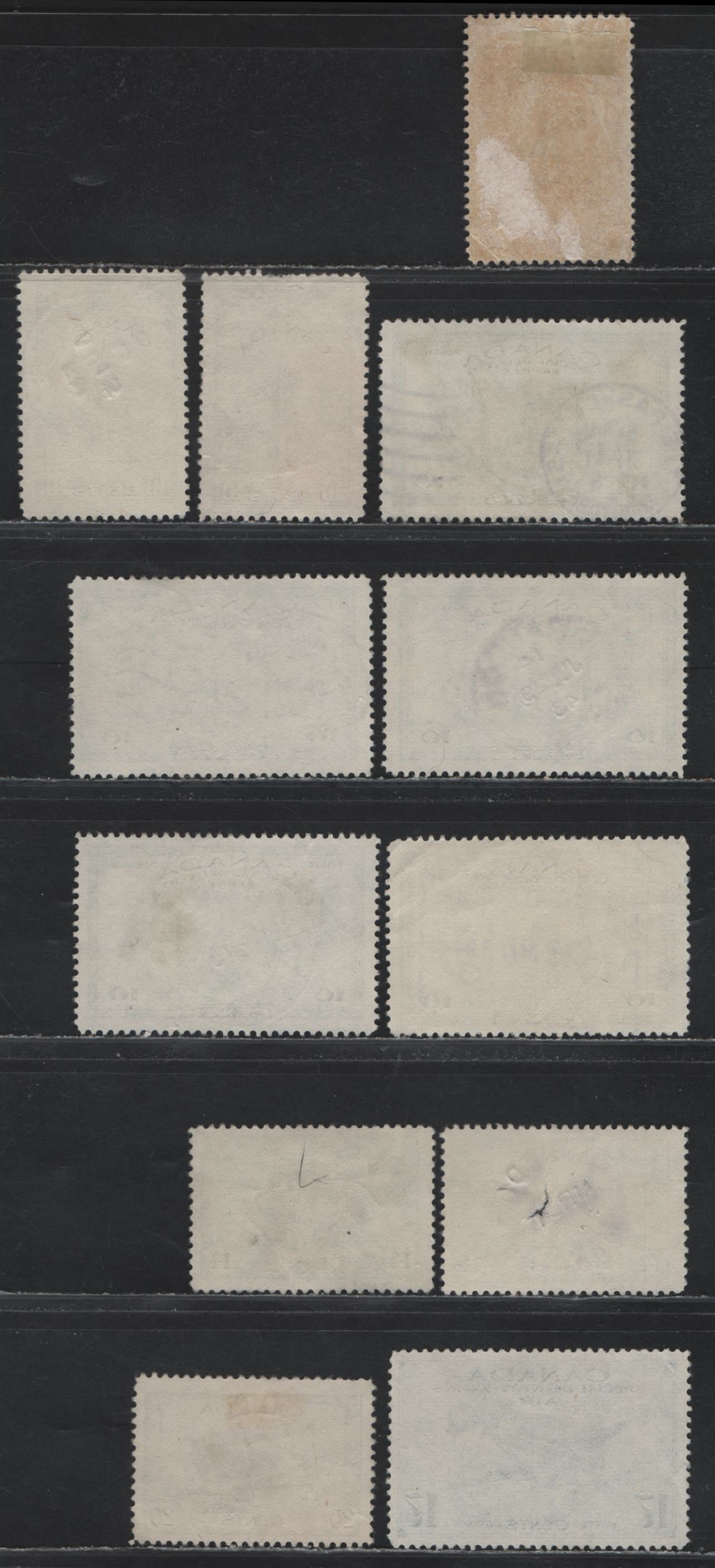 Lot 322 Canada #257, 259-260, CE2, E10 10c - 10c Brown - Green Parliament Buildings - Arms & Flags, 1942-1943 War - Special Delivery Issues, 12 Fine/Very Fine Used Singles, Manitoba Town Cancels