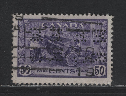 Lot 324 Canada #261 50c Violet Munitions Factory, 1942-1943 KGVI War Issue, A Fine Used Single, Montreal Rolling Mills Perfin From Pos. 4, Typical Missing Holes In The C's