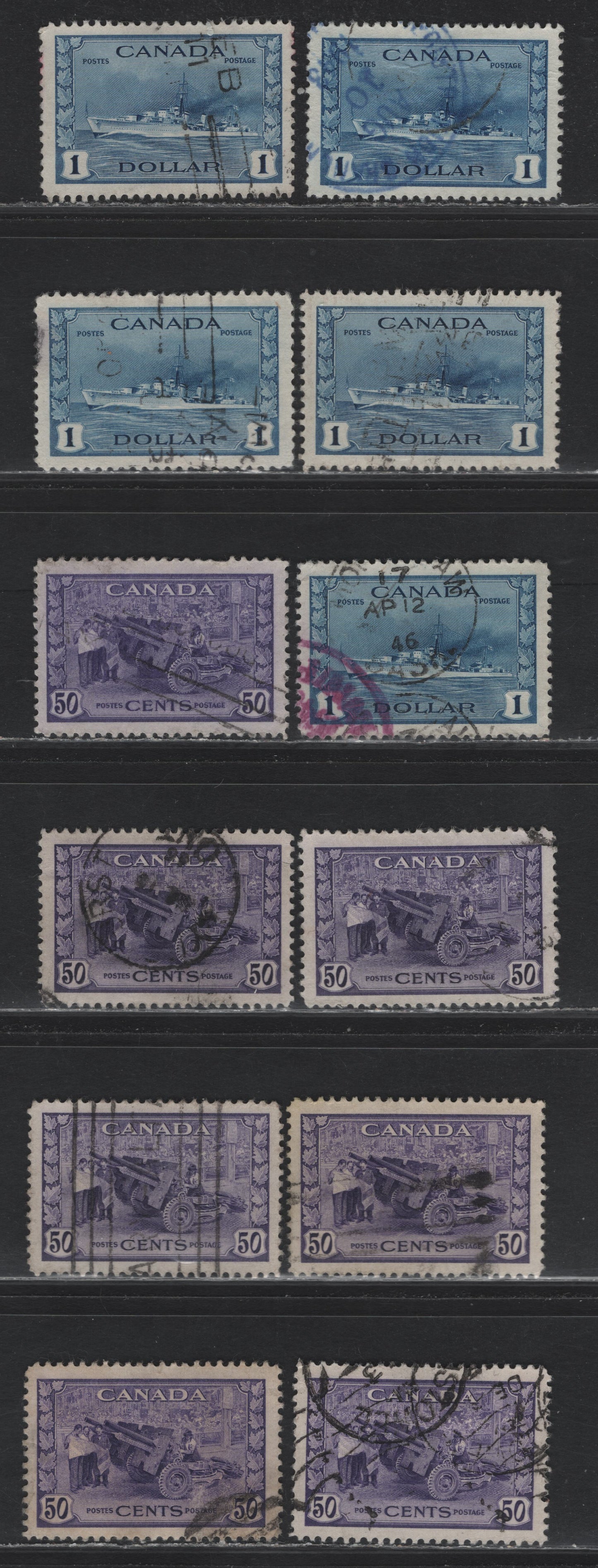 Lot 325 Canada (C) #261-262 50c - $1 Violet - Deep Blue Munitions Factory - Tribal Class Destroyer, 1942-1943 KGVI War Issue, 12 Very Fine Used Singles, Completely Unchecked As To Paper Type & Perforations