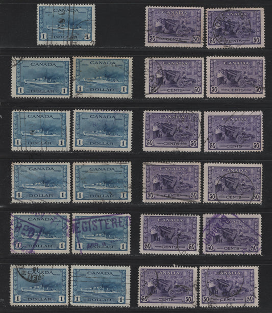 Lot 326 Canada #261-262 50c - $1 Violet - Deep Blue Munitions Factory - Tribal Class Destroyer, 1942-1943 KGVI War Issue, 23 Fine Used Singles, Completely Unchecked As To Paper Type & Perforations