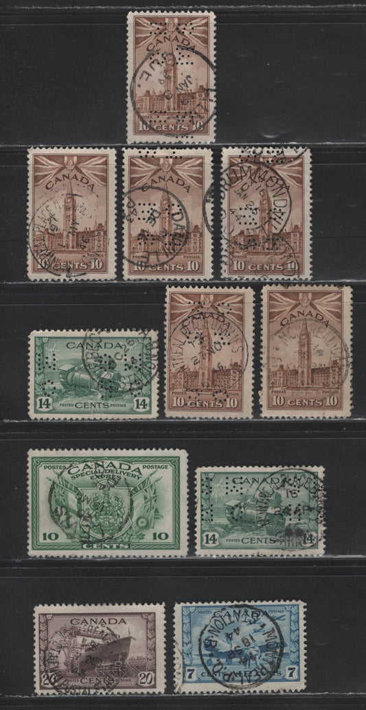 Lot 327A Canada #257, 260, C8, E10, O9-257, O9-259, O10-259 10c - 10c Brown - Green Parliament Building - Ram Tank, 1942-1943 KGVI War Definitive & Airmail Issues, 10 Fine/Very Fine Used Singles, Quebec Cancels, Mostly Montreal