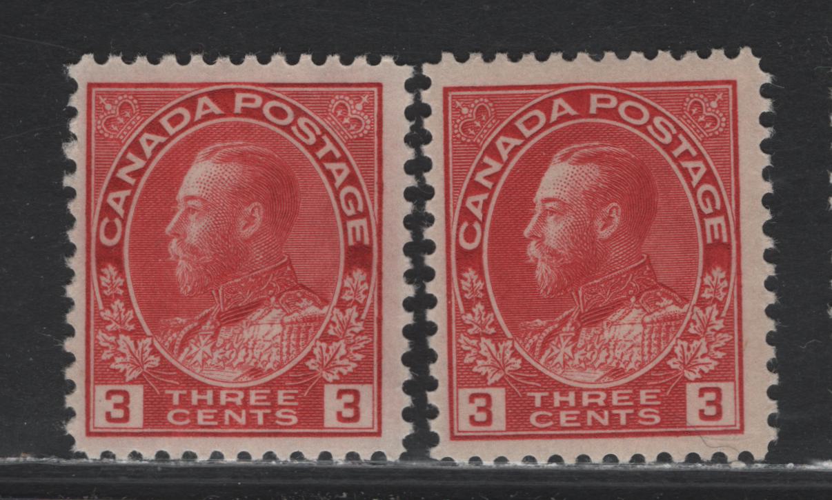 Lot 36 Canada (C) #109, 109d 3c Carmine Red - Rose Carmine King George V, 1911-1925 Admiral Issue, 2 FNH Singles, ABN-G Paper, Die 1, Perf 12x11.9, Dry Printings.