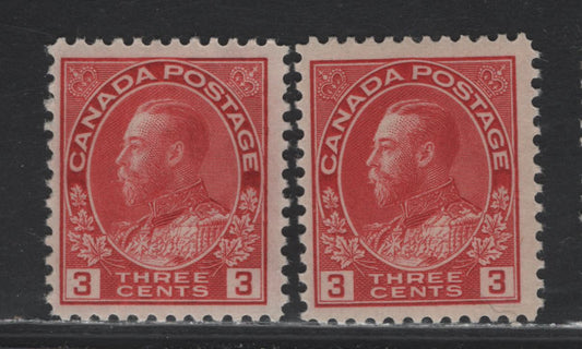 Lot 36 Canada (C) #109, 109d 3c Carmine Red - Rose Carmine King George V, 1911-1925 Admiral Issue, 2 FNH Singles, ABN-G Paper, Die 1, Perf 12x11.9, Dry Printings.
