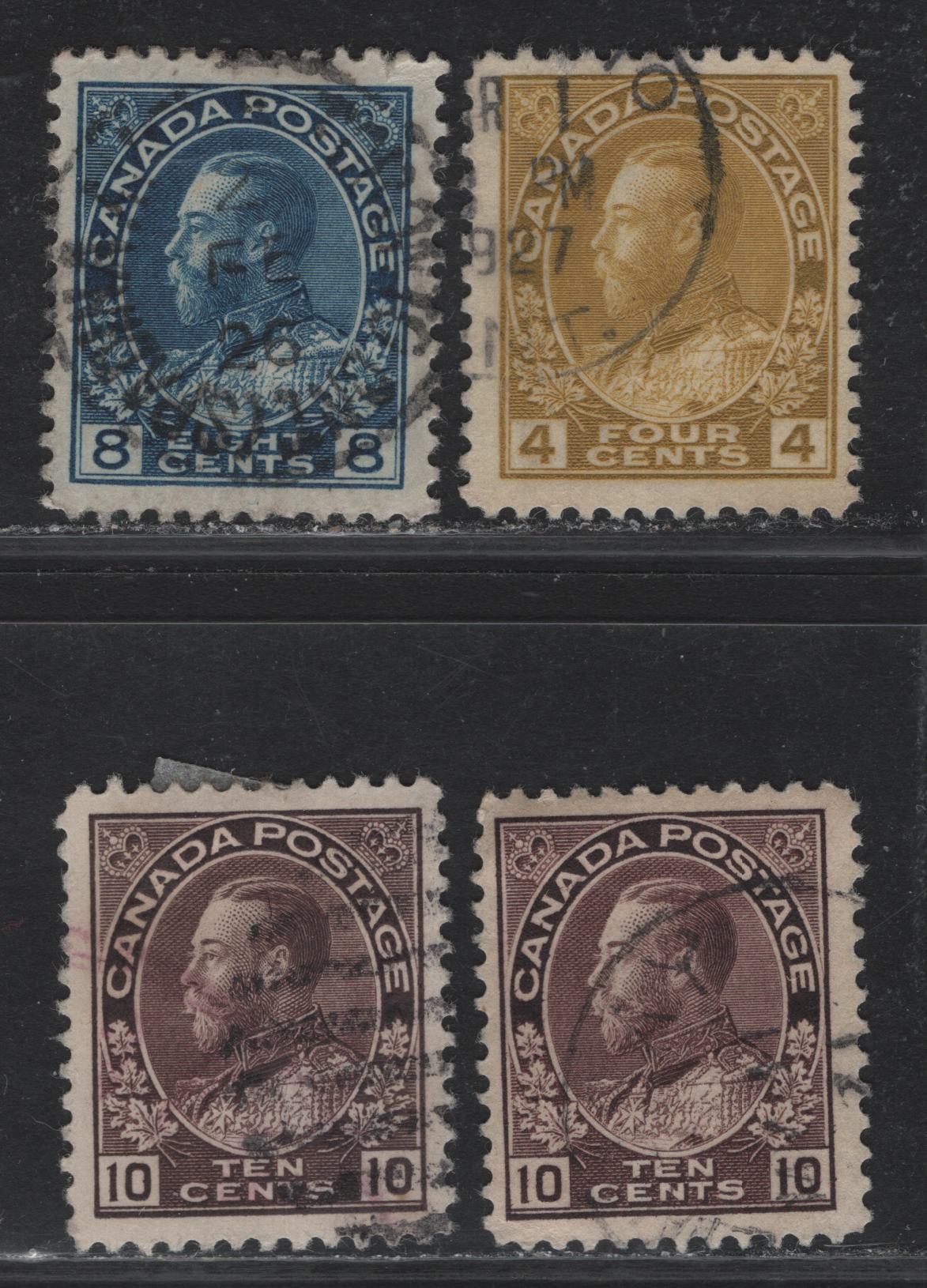 Lot 39 Canada (C) #110d, 115-116 4c - 10c Yellow Ochre - Plum King George V, 1911-1925 Admiral Issue, 4 Fine/Very Fine Used Singles, Dry Printing, Unchecked As To Paper Type