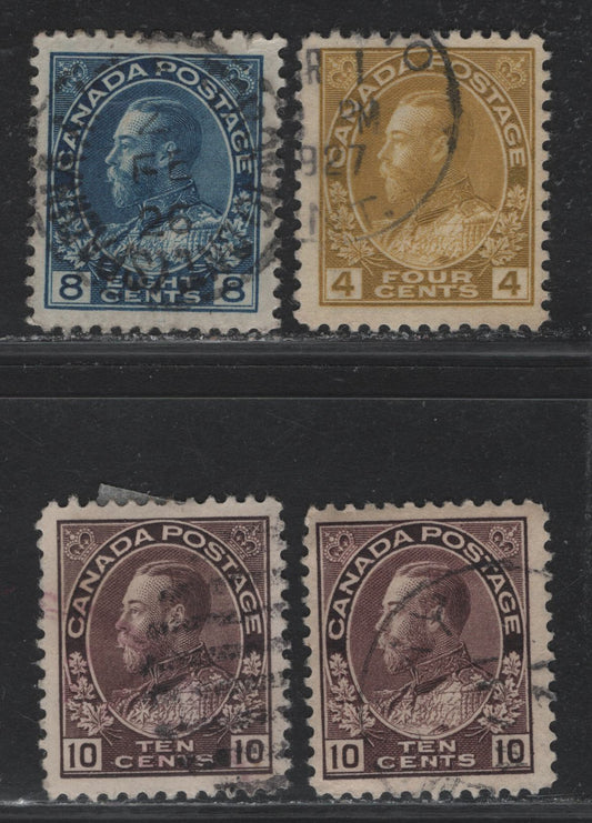 Lot 39 Canada (C) #110d, 115-116 4c - 10c Yellow Ochre - Plum King George V, 1911-1925 Admiral Issue, 4 Fine/Very Fine Used Singles, Dry Printing, Unchecked As To Paper Type