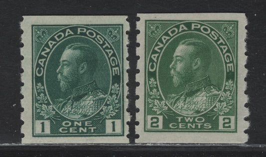Lot 42 Canada (C) #125ii 1c Blue Green King George V, 1912-1924 Admiral Issue, 2 FOG/NH Coil Singles, Papers ABN-B & ABN-I, Perf 8 Vertically, Retouched (1c) & Redrawn (2c) Framelines, 17.4x24mm & 17.6x22.
