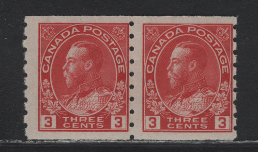 Lot 43 Canada (C) #130b 3c Carmien Red King George V, 1912-1924 Admiral Issue, A FOG Coil Pair, Die 2, Dry Printing, ABN-I Paper.