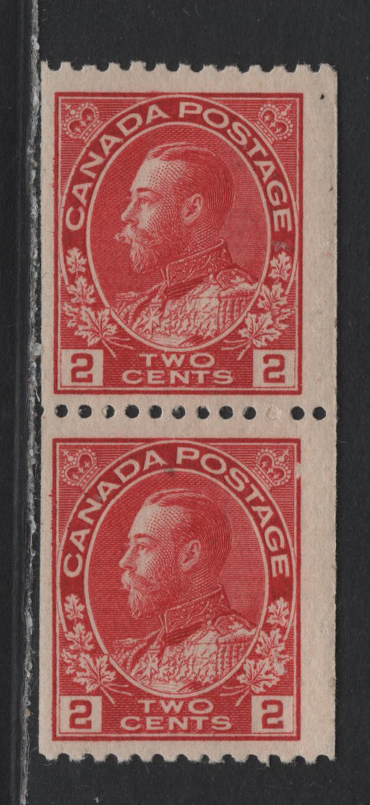 Lot 44 Canada (C) #132 2c Carmine King George V, 1915-1924 Admiral Issue, A FOG Vertical Coil Pair, Perf 12 Horiz, Wet Printing, 17.4x21.25 Design, Retouched Frameline, Small Surface Scuff At UR of Bottom Stamp.