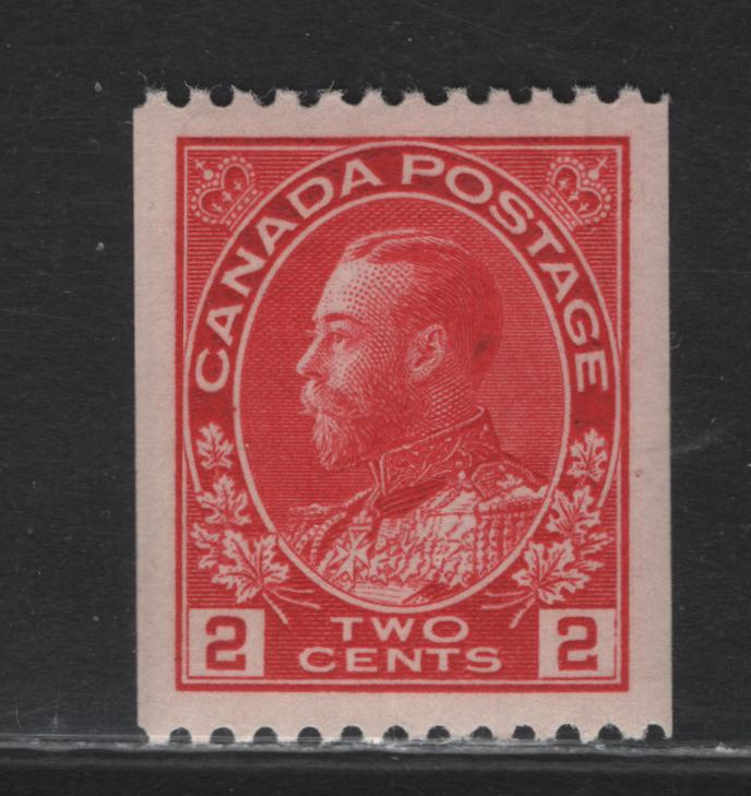 Lot 46 Canada (C) #132iii 2c Bright Rose Red King George V, 1915-1924 Admiral Issue, A VFNH Coil Single, ABN-E Paper, Perf 12 Horiz, Very Weakly Retouched Frameline, 17.4x21.4mm Design.