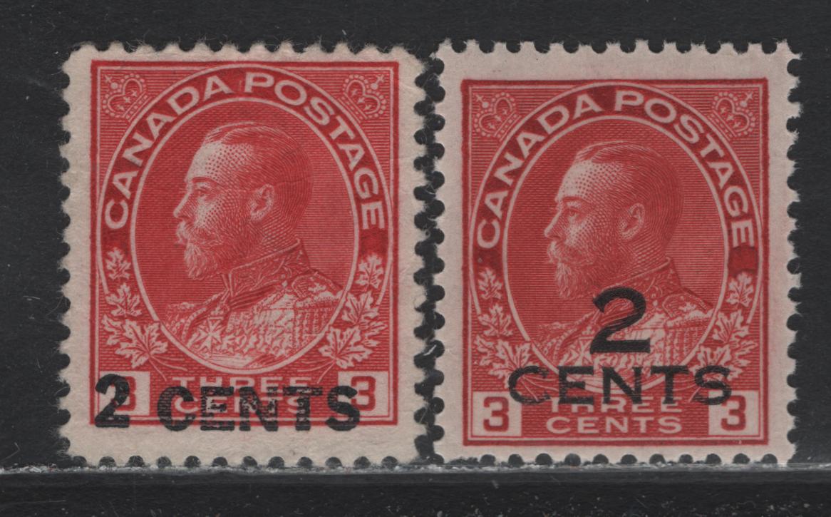 Lot 48 Canada (C) #139-140 2c on 3c Carmine Red- Carmine King George V, 1926 Admiral Provisional Issue, 2 FNH & Unused Singles, ABN-O & ABN-M Papers, The One Line Surcharge Has No Gum, Perfs 12.05 & 11.8x11.75