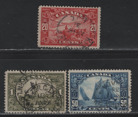 Lot 51 Canada (C) #157-159var 20c - $1 Carmine Red - Brown Olive Green Harvesting Wheat - Parliament Building, 1928-1929 Scroll Issue, 3 Fine Used Singles, Unchecked As To Paper Types & Perfs, Scarcer Shade Of The $1
