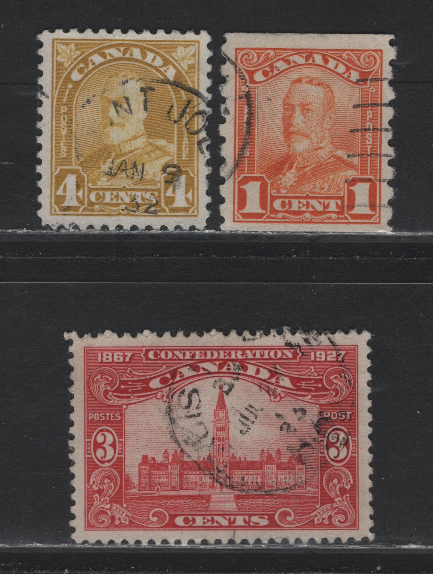 Lot 54 Canada (C) #143, 160, 168 3c - 4c Carmine Red - Yellow Bistre Parliament Building - King George V, 1927-1931 Confederation - Arch/Leaf Issues, 3 Fine/Very Fine Used Singles, Unchecked As To Paper & Perf