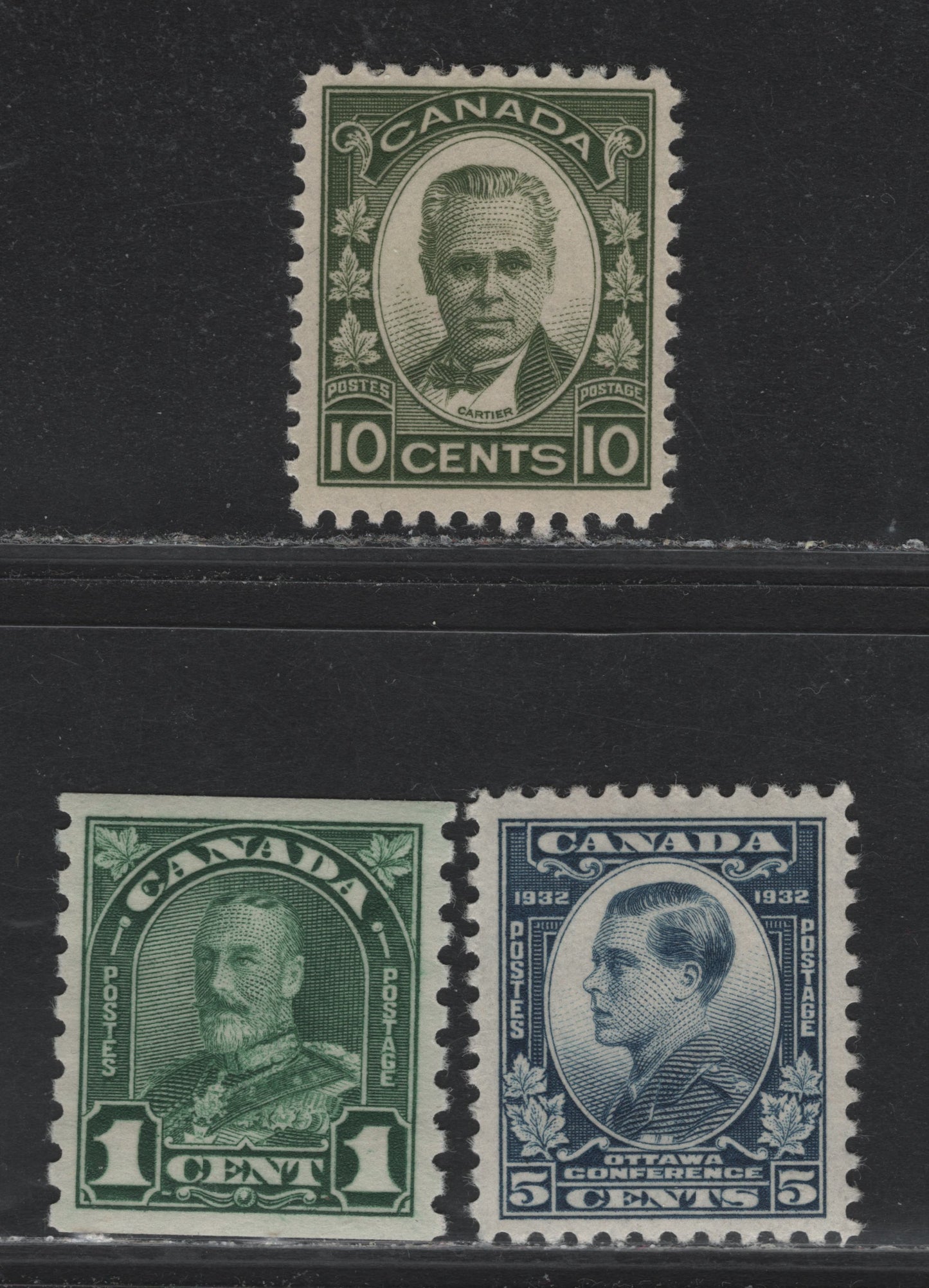Lot 57 Canada (C) #179, 190, 193 1c - 5c Dark Green - Dull Blue King George V - Prince of Wales, 1930-1932 Arch/Leaf - Imperial Economic Conference Issues, 3 VFOG Singles, BABN-Y & BABN-D Papers, Perf 8.5 Vertical, Perfs 10.9 & 10.9x10.8.