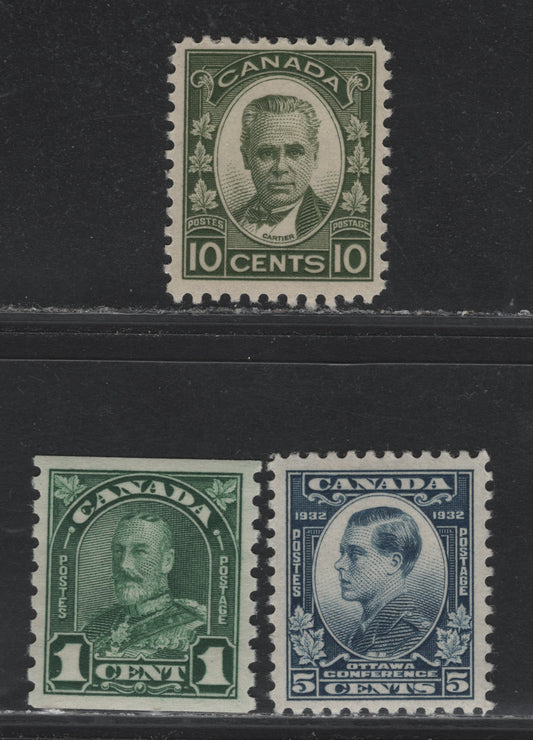 Lot 57 Canada (C) #179, 190, 193 1c - 5c Dark Green - Dull Blue King George V - Prince of Wales, 1930-1932 Arch/Leaf - Imperial Economic Conference Issues, 3 VFOG Singles, BABN-Y & BABN-D Papers, Perf 8.5 Vertical, Perfs 10.9 & 10.9x10.8.