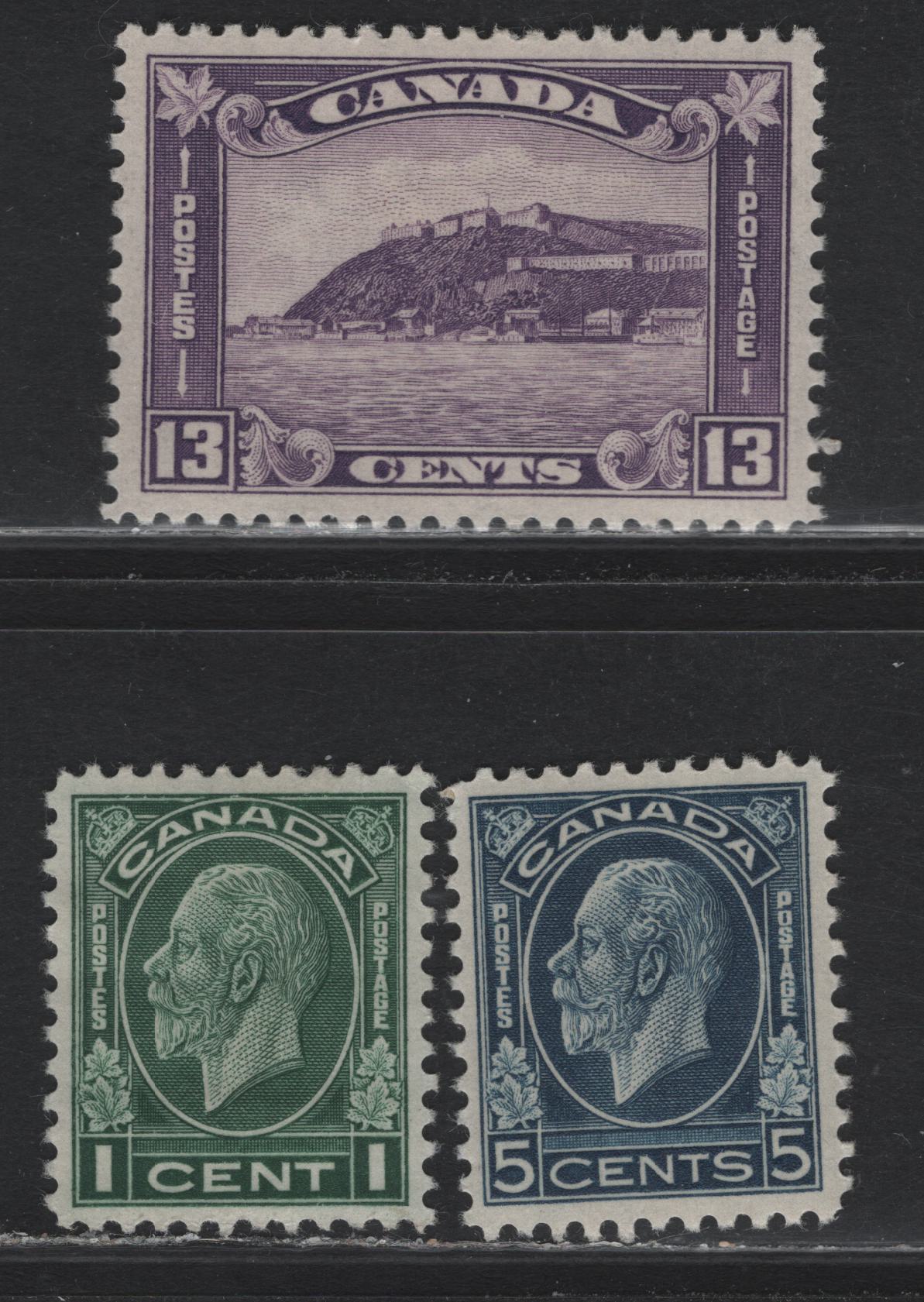 Lot 59 Canada (C) #195, 199, 201i 1c - 13c Green - Rosy Milky Purple King George V - Quebec Citadel, 1932 Medallion Issue, 3 VFOG Singles, BABN-MM, BABN-D & BABN-VV Papers