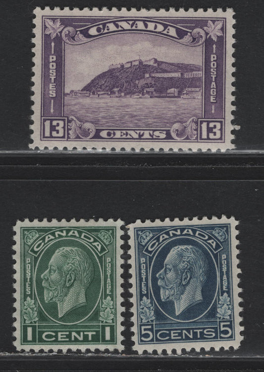 Lot 59 Canada (C) #195, 199, 201i 1c - 13c Green - Rosy Milky Purple King George V - Quebec Citadel, 1932 Medallion Issue, 3 VFOG Singles, BABN-MM, BABN-D & BABN-VV Papers