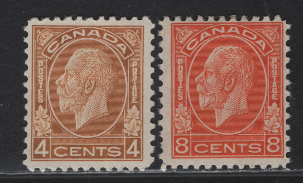 Lot 60 Canada (C) #198i, 200 4c - 8c Brownish Ochre - Orange King George V - Quebec Citadel, 1932 Medallion Issue, 2 FOG Singles, BABN-HH & BABN-P Papers, Perfs 10.8x10.9 & 10.9x10.8, 18.5x22mm & 18.5x22.1mm Designs.